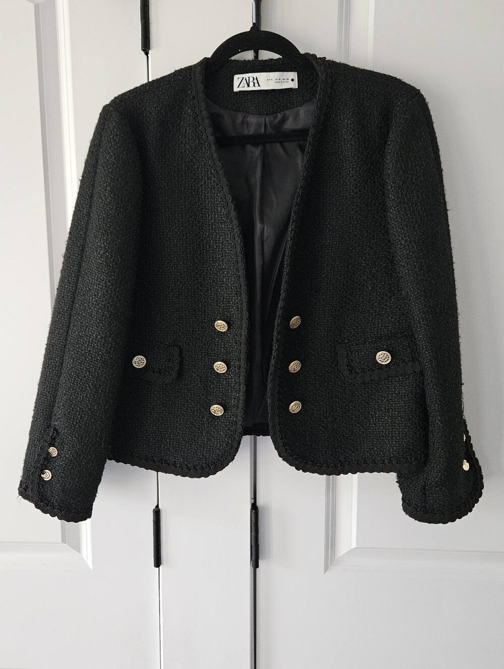 ZARA Black Textured Tweed Military Style Jacket Gold Filigree Buttons Size S - Picture 2 of 9